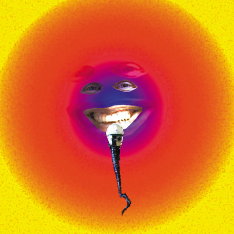 A bright-colored cartoonish face sitting in an orange circle with a smaller masked face appearing as a microphone at the first face's mouth. A third faint face appears just beyond the other two.