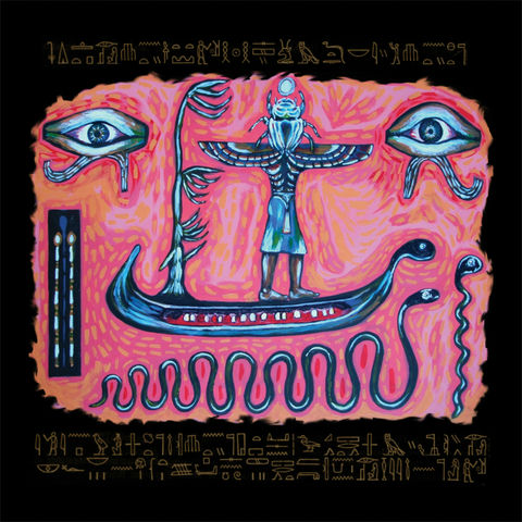 a painting of a faux Egyptian hieroglyph featuring Nephthys' Nightboat, 2 prominent eyes, and snakes up against a purple/orange/redish backdrop.