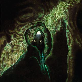 a painting of a space-jungle scene with cat eyes peering out from the darkness