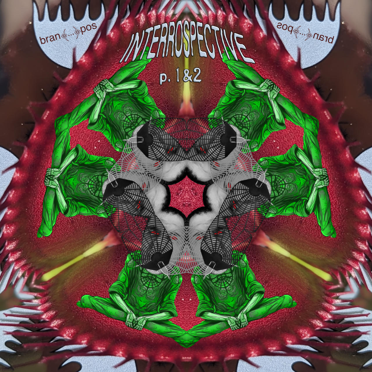 The artwork features a psychedelic cyclical sprawl of meditating brans wearing fly-swatter face masks while seated on the open and waiting mouths of Dionaea Muscipula (venus flytrap).