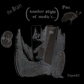 a black and grey drawing of a farm scene with medical instruments