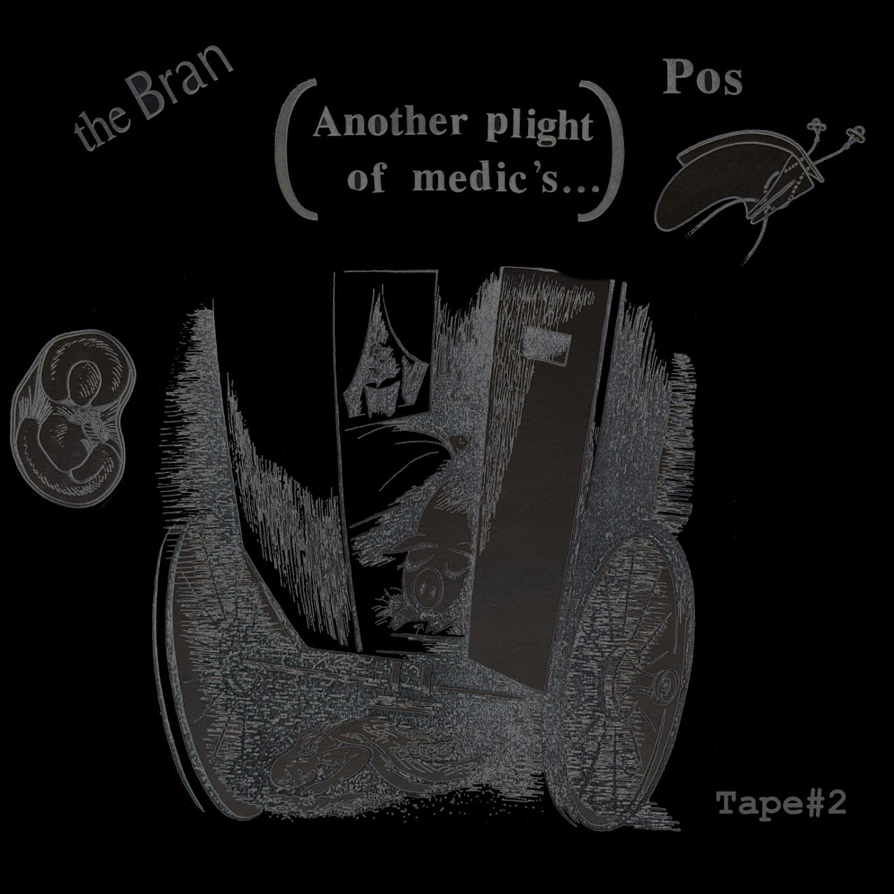 a black and grey drawing of a farm scene with medical instruments